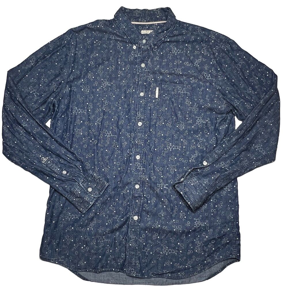 Marc Ecko Mens L Chemistry Molecular Print Blue Denim Cut &Sew Button Down Shirt